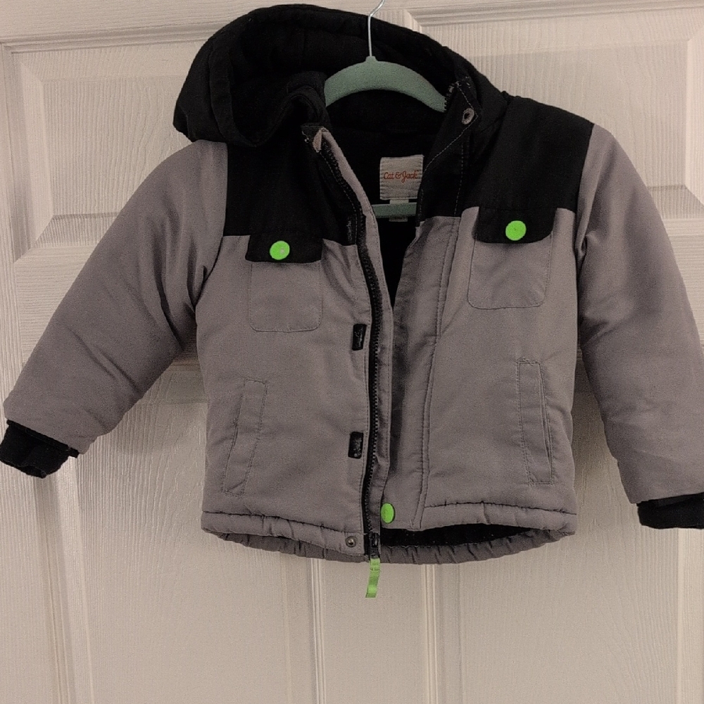 Cat & Jack Gray and Black Hooded Puffer Jacket with Green Accents 3T